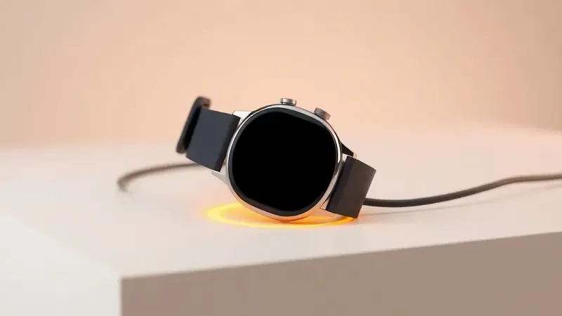 Render 3D de smartwatch com tela apagada e carregador representando solução de problemas pós-reset