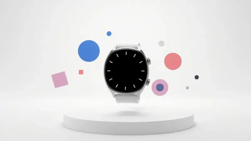 Render 3D de smartwatch com mostrador vazio e elementos geométricos flutuantes para personalização de watch faces