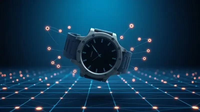 Renderização 3D de smartwatch profissional IoT robusto com nós orbitais de conectividade sobre grade digital abstrata