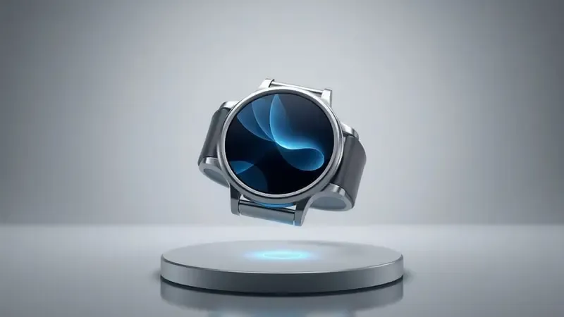 Renderização 3D de smartwatch genérico com tela iluminada por partículas de luz abstratas simbolizando recursos inteligentes e conectividade.
