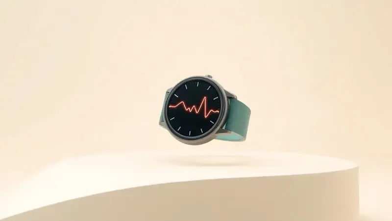 Renderização 3D conceitual de smartwatch exibindo métricas abstratas de saúde com formas de onda e tons calmantes.
