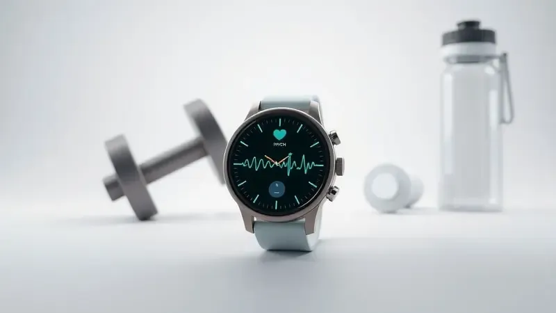 Renderização 3D de smartwatch com elementos abstratos de saúde e fitness em ambiente limpo com iluminação profissional suave.