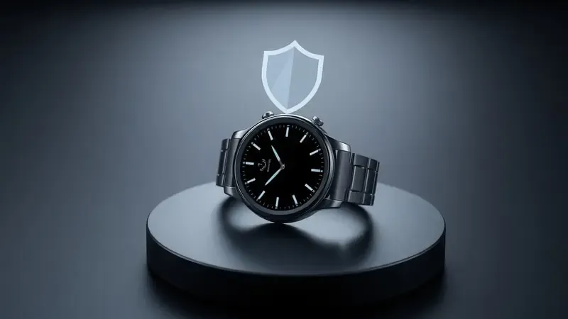 Renderização 3D de smartwatch com holograma de escudo representando segurança e proteção de dados do dispositivo.