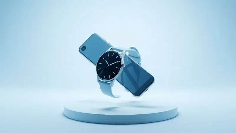 Render conceitual de smartwatch e smartphone flutuando com ondas de conexão wireless em ambiente clean azul e branco