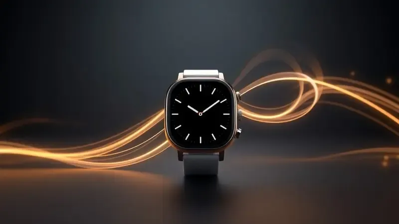 Renderização 3D conceitual de smartwatch minimalista com ondas abstratas de conectividade representando independência do celular.