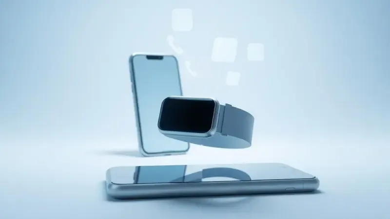 Render 3D conceitual de smartwatch projetando interface holográfica flutuante com smartphone desfocado ao fundo.