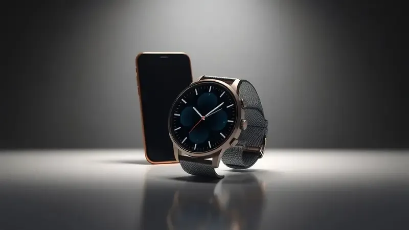 Render 3D conceitual de smartwatch em primeiro plano com silhueta de celular desaparecendo ao fundo simbolizando substituição tecnológica.