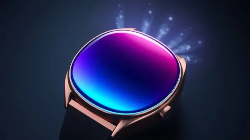 Render 3D conceitual de smartwatch com tela ampla e brilhante destacando partículas de energia representando longa autonomia de bateria.