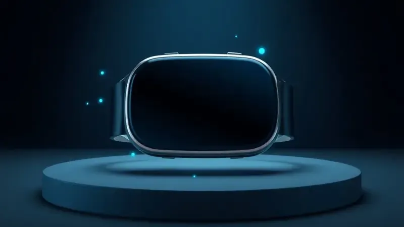 Render 3D conceitual de smartwatch com tela grande e partículas de energia representando bateria duradoura.
