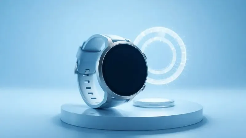 Renderização 3D conceitual de smartwatch com tela ampla e representação abstrata de bateria de longa duração.