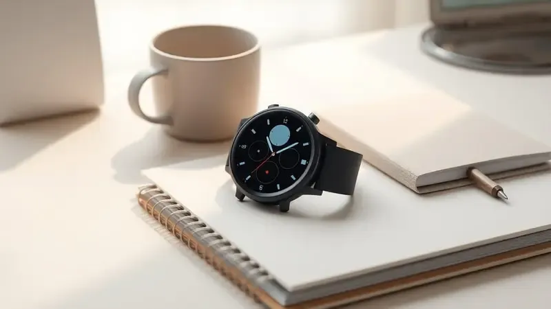 Renderização 3D de smartwatch sobre mesa minimalista representando uso diário com iluminação natural suave e tons neutros.