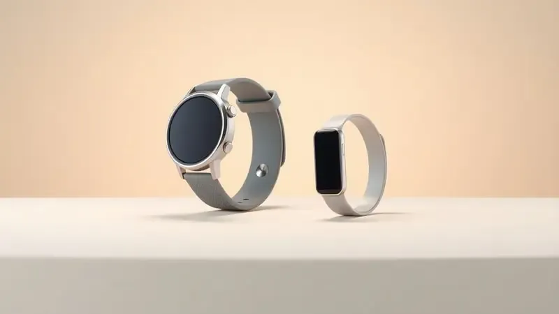 Comparação conceitual 3D entre smartwatch de corpo redondo e pulseira fitness fina lado a lado sobre superfície limpa e neutra com iluminação suave.