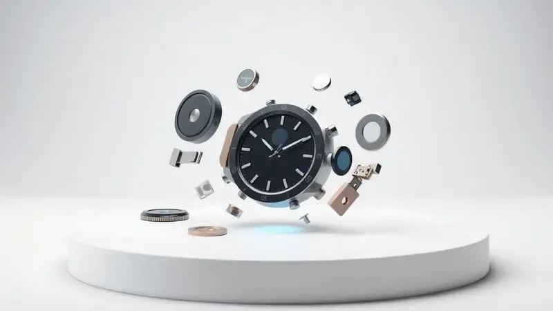 Renderização 3D conceitual de componentes internos de smartwatch flutuando em vista explodida, representando engenharia e tecnologia acessível.