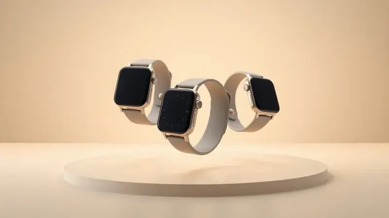 Renderização 3D de diferentes modelos conceituais de smartwatch modernos e compatíveis com aplicativos de mensagens.