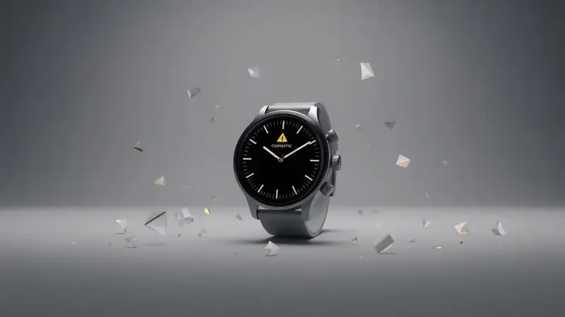 Render 3D de diagnóstico de problemas Bluetooth em smartwatch Wear OS com elementos abstratos