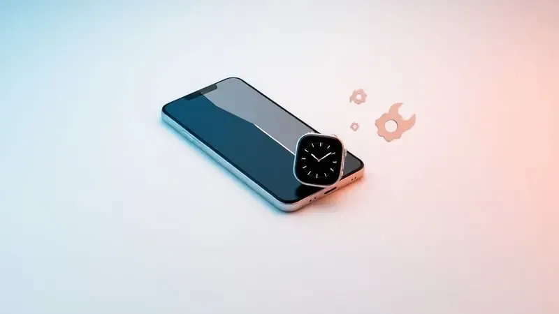Render 3D conceitual de smartphone e smartwatch com conexão interrompida e elementos abstratos de solução de problemas.