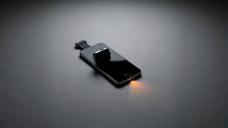 Renderização 3D conceitual de smartwatch e smartphone separados com feixe de luz interrompido simbolizando falha de conexão.