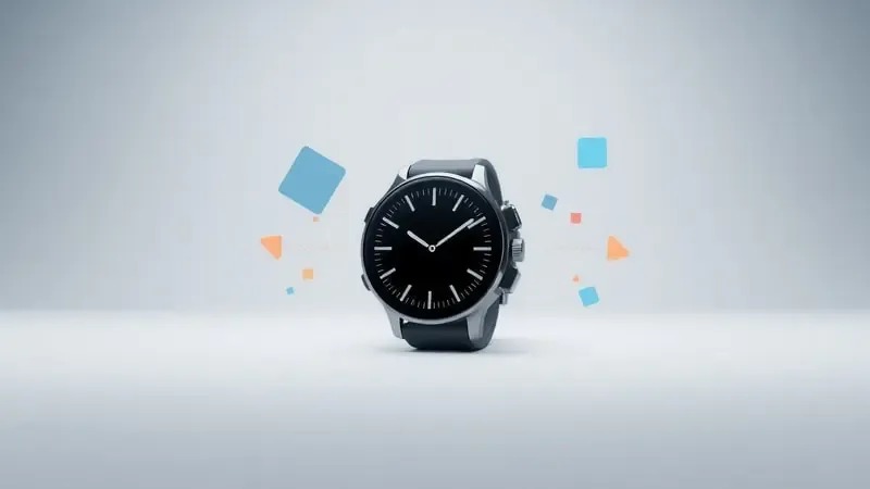 Renderização 3D conceitual de smartwatch com elementos visuais abstratos representando diagnóstico e solução de problemas.