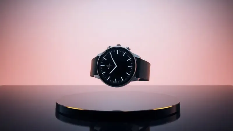 Render 3D conceitual de smartwatch genérico com iluminação diagnóstica suave representando solução de problemas técnicos.