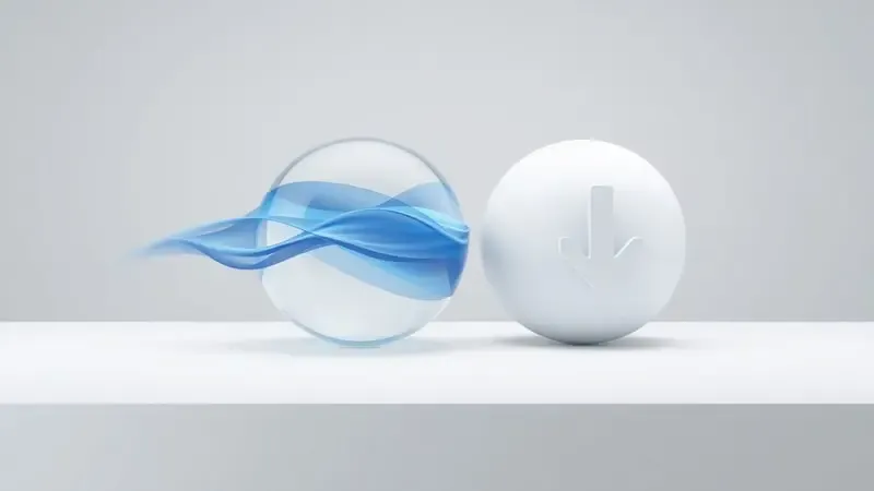 Render 3D conceitual comparando streaming direto e download offline de música em dispositivos wearables