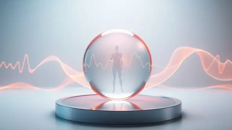 Visualização conceitual 3D de camadas translúcidas de dados biométricos convergindo em esfera de energia representando o cálculo calórico dos smartwatches.