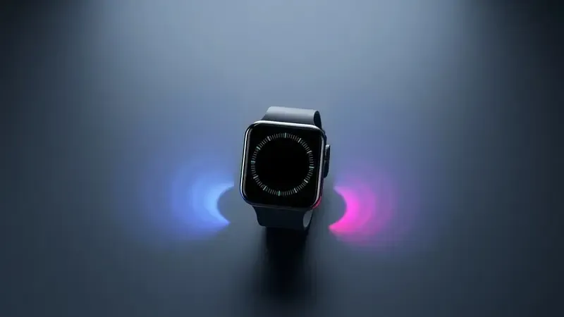 Ondas de sinal coloridas emanando de silhueta abstrata de smartwatch em superfície escura, representando tecnologias GPS, Wi-Fi e Bluetooth.
