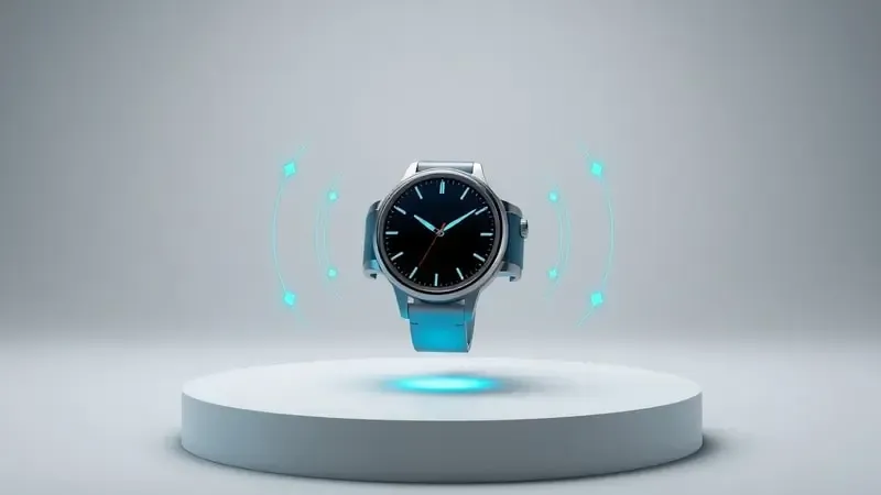 Ilustração 3D do funcionamento da tecnologia NFC entre smartwatch e terminal de pagamento com ondas de comunicação.