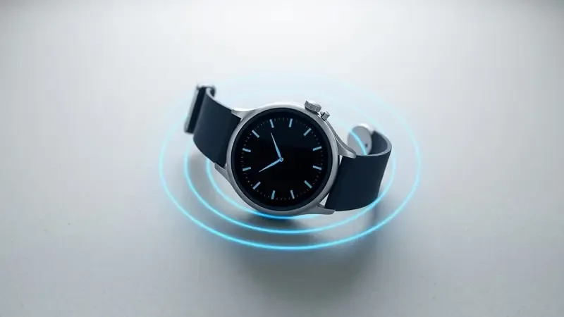 Visualização 3D conceitual da tecnologia NFC em smartwatch com ondas eletromagnéticas abstratas e design minimalista.