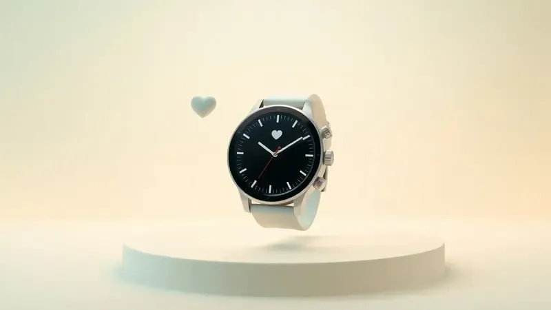 Render 3D de smartwatch com elementos abstratos de saúde e bem-estar orbitando em atmosfera serena e calmante