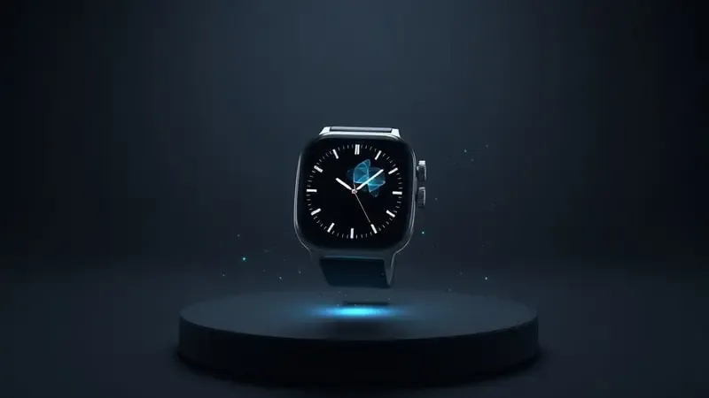 Render 3D de smartwatch tecnológico com interface luminosa representando inovação e conectividade moderna