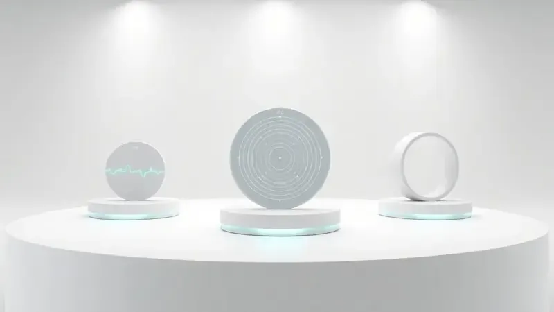 Renderização 3D conceitual das três tecnologias de sensores para medição de pressão no pulso: PPG óptico, oscilométrico e manguito inflável.
