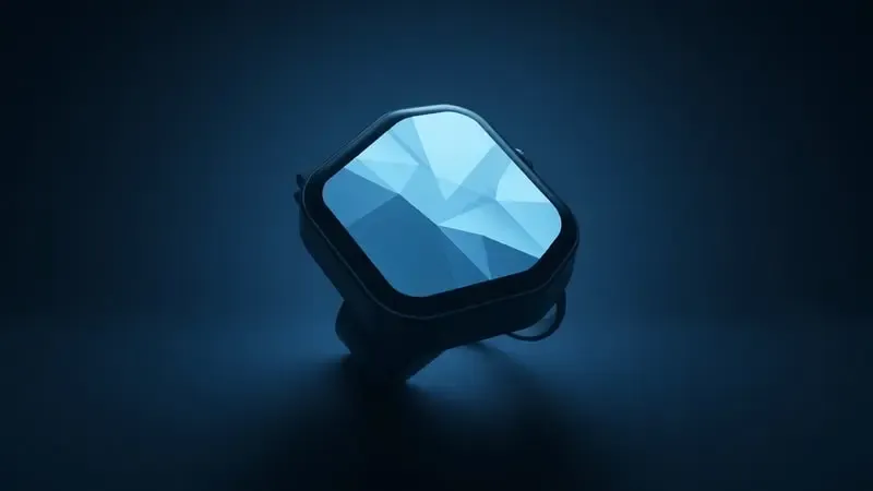 Render 3D de smartwatch com tela brilhante de alto brilho contrastando com ambiente escuro