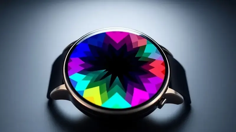 Render 3D conceitual de tela AMOLED circular com gradientes vibrantes e formas geométricas abstratas sobre fundo escuro sofisticado.