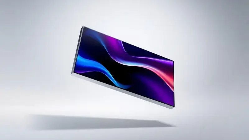 Renderização 3D de painel AMOLED flutuante exibindo cores vibrantes e pretos profundos com reflexos realistas e iluminação de estúdio.