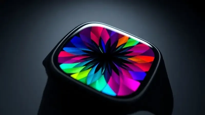 Close-up em renderização 3D de tela AMOLED vibrante de smartwatch exibindo padrões geométricos abstratos coloridos com pretos profundos