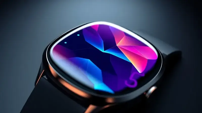 Close-up conceitual de tela de smartwatch com visualização abstrata e design moderno em 3D.