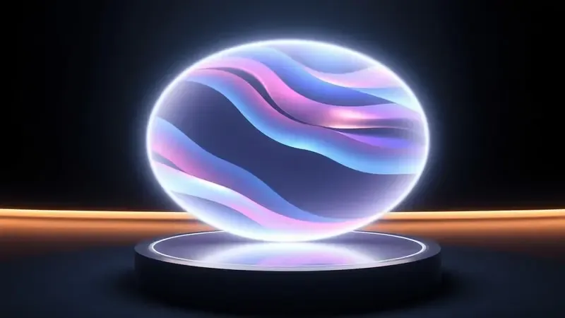 Render 3D conceitual de tela circular luminosa com superfície de vidro premium e formas abstratas coloridas.