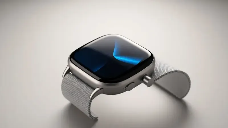 Close-up conceitual de tela de smartwatch com vidro curvo e pulseira ergonômica em renderização 3D sobre fundo neutro com iluminação difusa