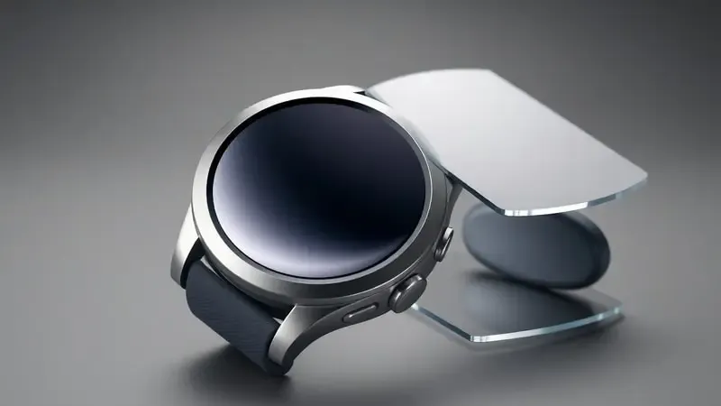Close-up 3D de tela e construção premium de smartwatch com materiais metálicos e vidro resistente em renderização conceitual.