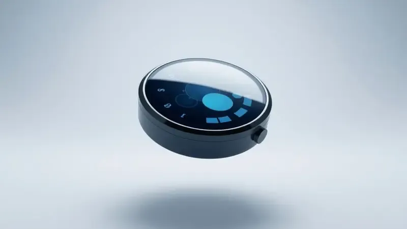 Renderização 3D conceitual de tela de smartwatch minimalista com visualizações abstratas e iluminação suave