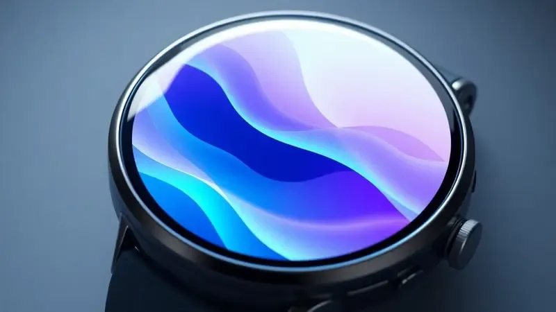 Close-up conceitual de tela de smartwatch com interface abstrata colorida e bordas curvas em render 3D.