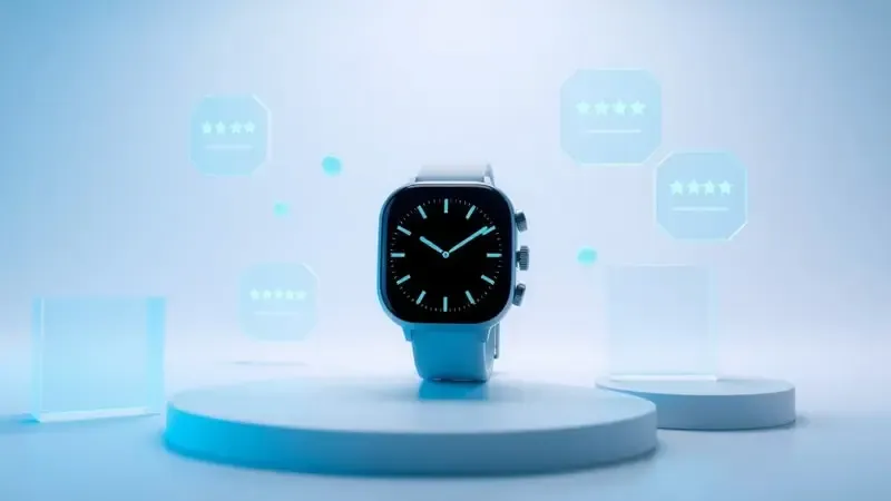 Visualização conceitual 3D representando testes e avaliações de usuários de smartwatch