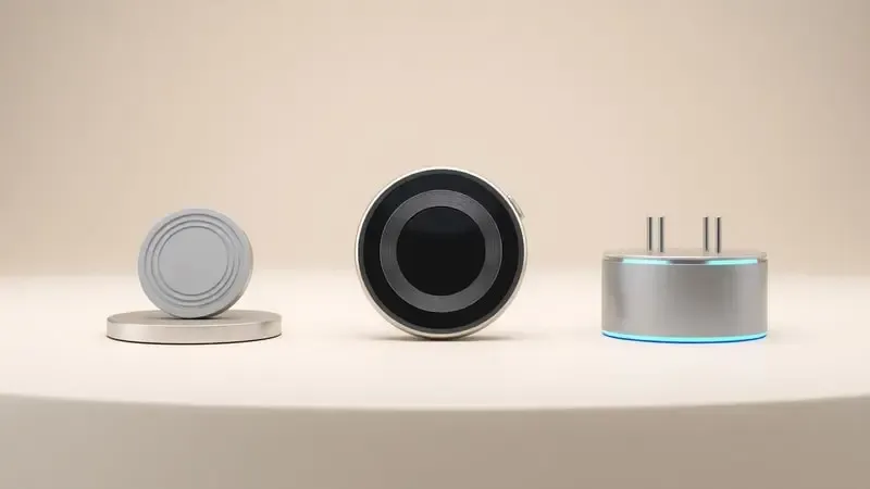 Representação 3D conceitual dos três tipos de carregamento de smartwatch: wireless, magnético e por pinos, com design minimalista.