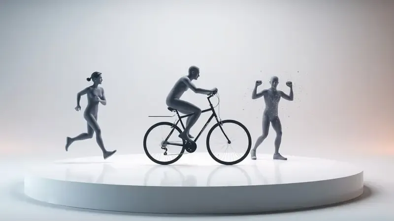 Renderização 3D com silhuetas abstratas de corrida ciclismo e musculação mostrando diferentes níveis de clareza nos dados de exercício.
