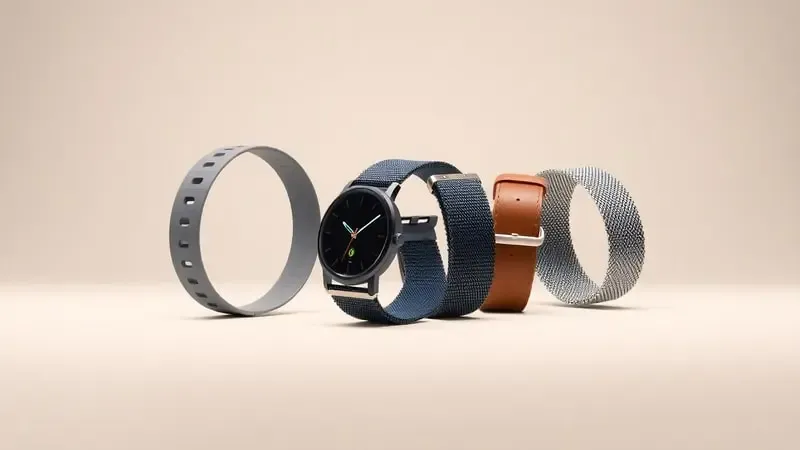 Diferentes estilos de pulseiras para smartwatch exibidos em composição conceitual minimalista com texturas realistas.