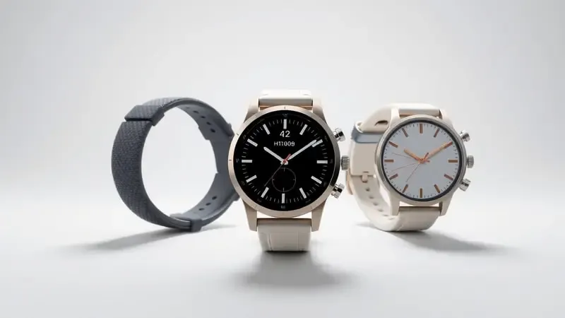 Render 3D de três estilos de smartwatch representando categorias esportiva elegante e híbrida para diferentes perfis