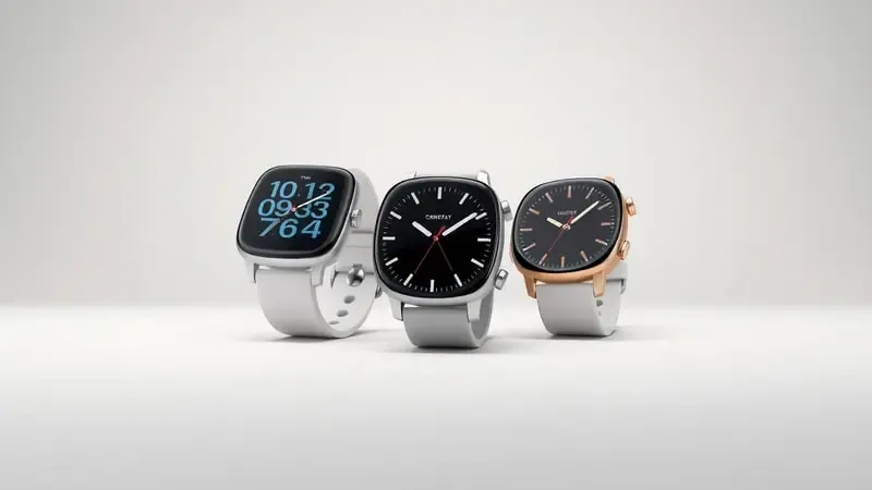 Três smartwatches lado a lado exibindo estilos diferentes de watch faces digital analógico e híbrido em renderização 3D.