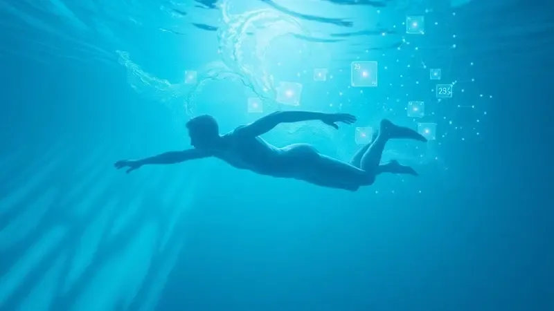 Silhueta abstrata de nadador submerso com sobreposição de métricas geométricas de desempenho em renderização 3D.