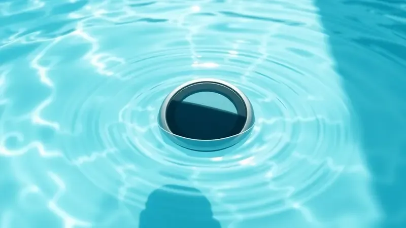 Renderização 3D de dispositivo fitness submerso em água cristalina com reflexos suaves representando resistência à água e métricas de natação.