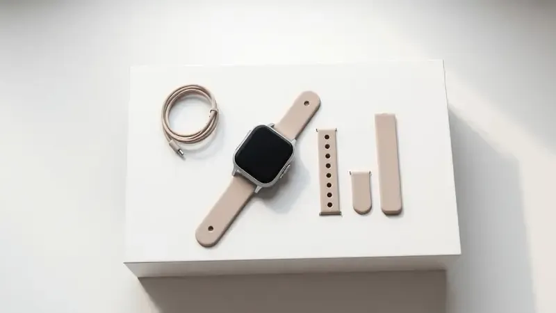 Composição 3D conceitual de unboxing com smartwatch e acessórios dispostos elegantemente sobre superfície limpa com iluminação suave.